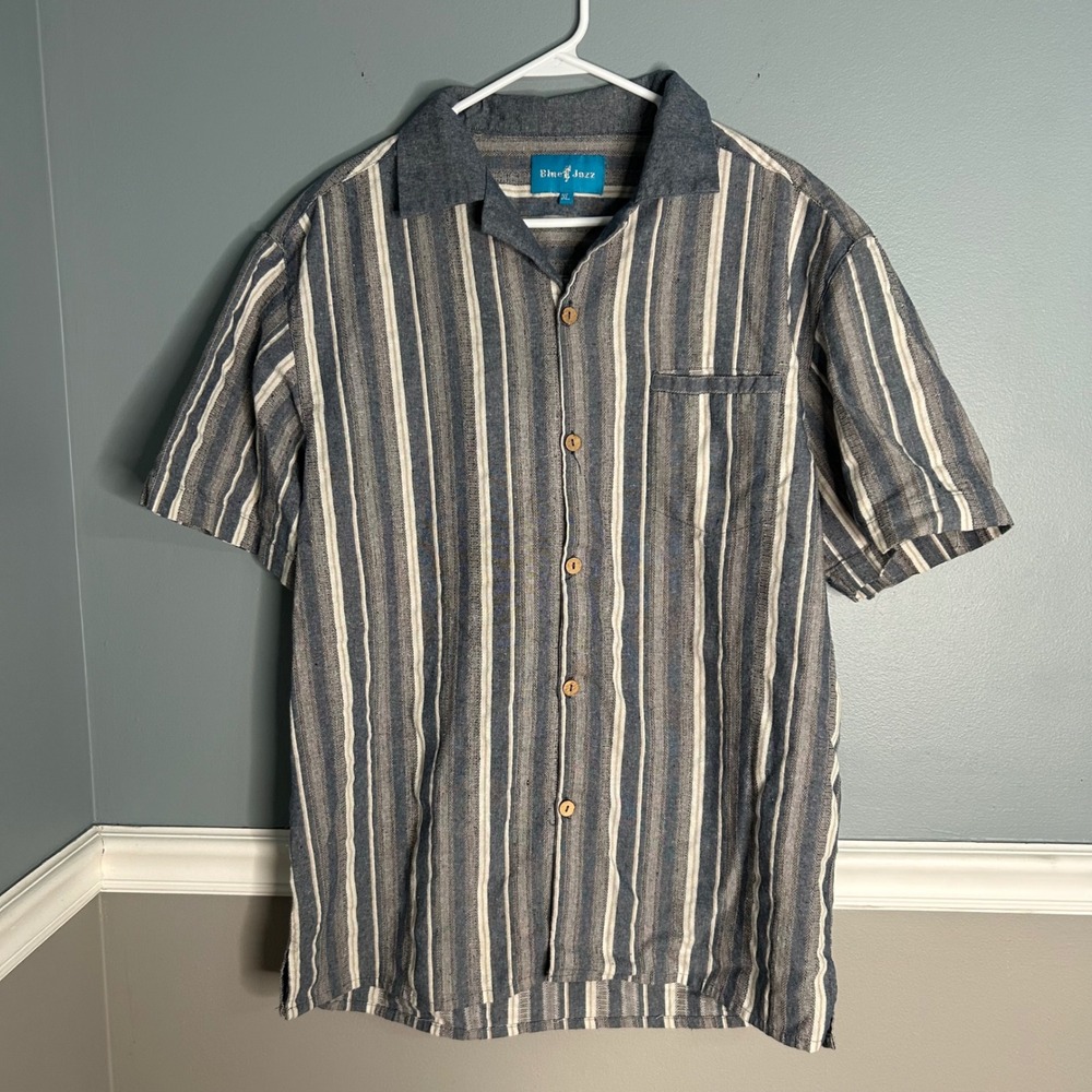 Blue Jazz Mens XL Linen‎ Blend Striped Short Sleeve Button Down Shirt beach vibe